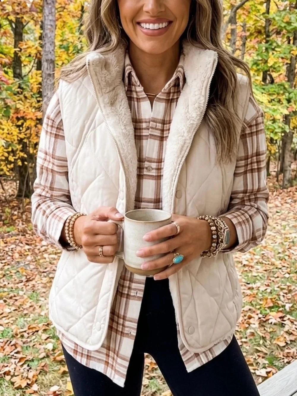 Reversible Plush Faux Fur and Quilted Vest Zip Up Cream White Cozy Warm Layering